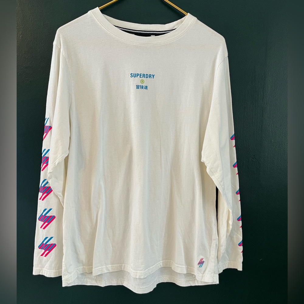 Superdry White Long Sleeve Graphic Tee Logo Sleeves Size L Casual Streetwear